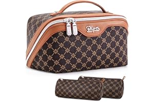 BOYATU Travel Makeup Bag Cosmetic Bags for Women: 3 Pcs Set Large Portable Make up Bag with Handle - Vegan Leather Toiletry Bags with Compartments - Makeup Organizer for Travel Essentials(A-1-Coffee)