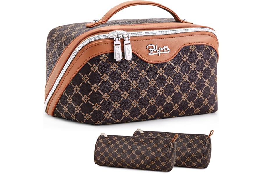 BOYATU Travel Makeup Bag Cosmetic Bags for Women: 3 Pcs Set Large Portable Make up Bag with Handle – Vegan Leather Toiletry Bags with Compartments – Makeup Organizer for Travel Essentials(A-1-Coffee)