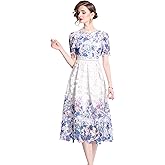 LAI MENG FIVE CATS Women's Lace Floral Short Sleeve Crochet Waist Cocktail Midi Dress