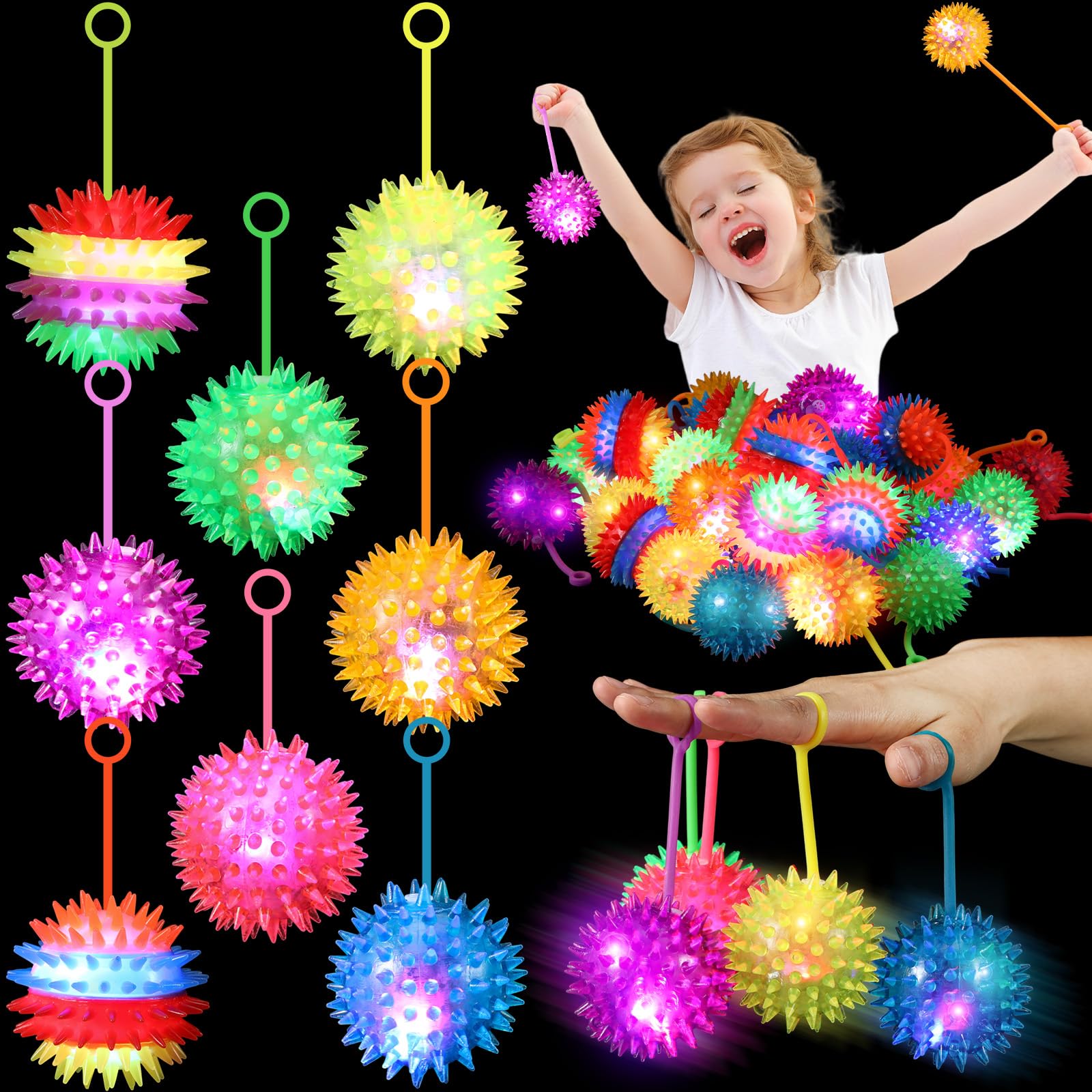 Photo 1 of 16 Pieces Light Up Ball for Kids Fidget Spiky Ball Stress Relief Balls LED Flashing Basketball with Rope Rubber Flash Squeaky Ball for Adults, Teens and Children(Multi Color, Spiky Ball)