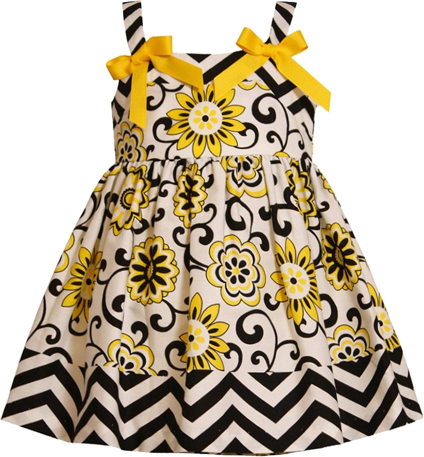 Little Girls Yellow/Black Bow Shoulder Chevron Stripen