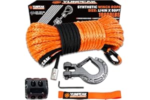 YUNPEAK Synthetic Winch Rope Kit, 1/4" x50 ft 10000LBS Winch Cable Replace Kit, with Protective Sleeve, Heavy Duty Hook, Rubber Stopper, Safety Pull Strap for Off-Road 4x4 Vehicles ATV UTV(Orange)