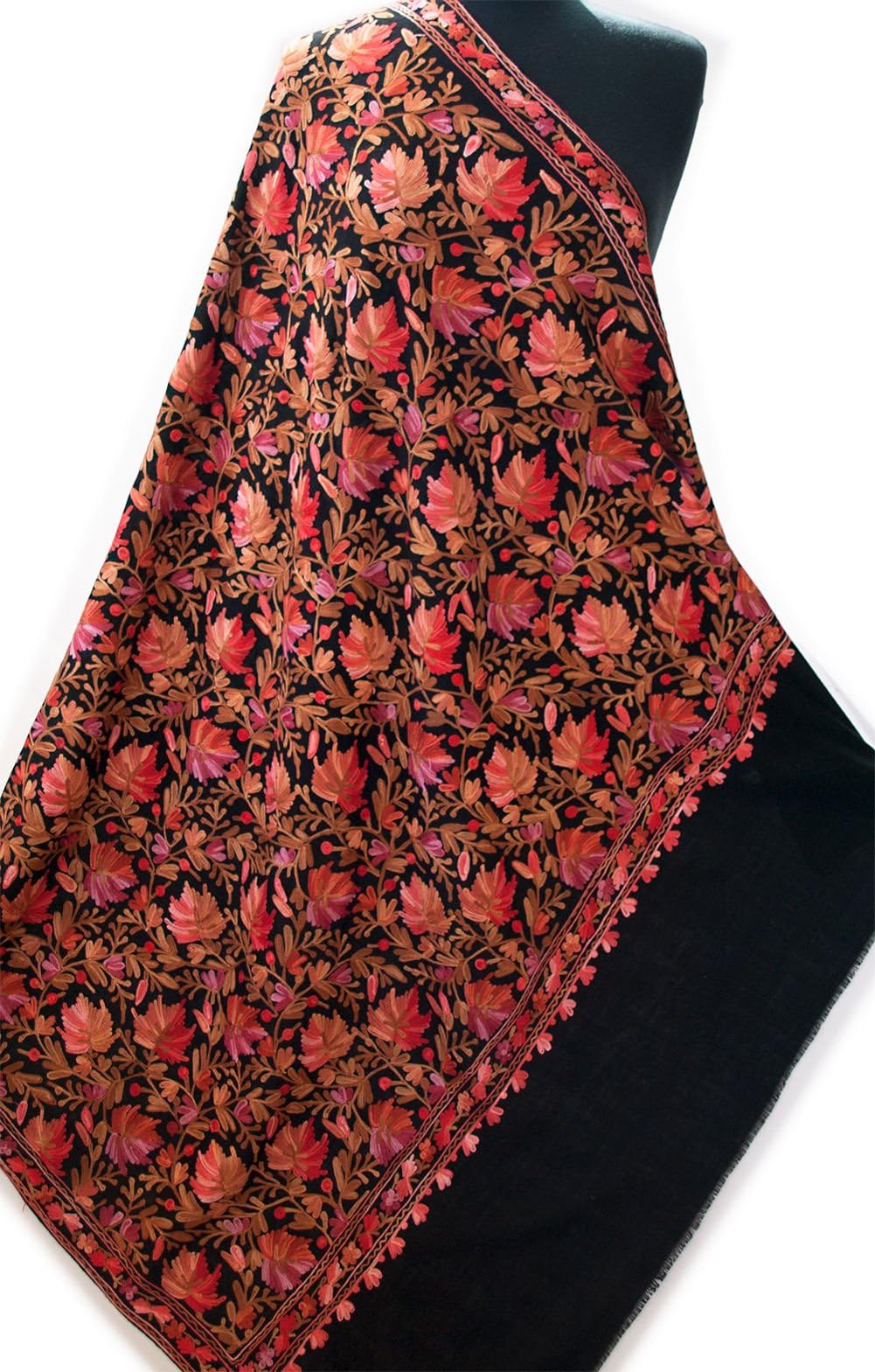 Shades of Pink Coral Fall Chinar Leaves Crewel Embroidery on Large Black Wool Shawl