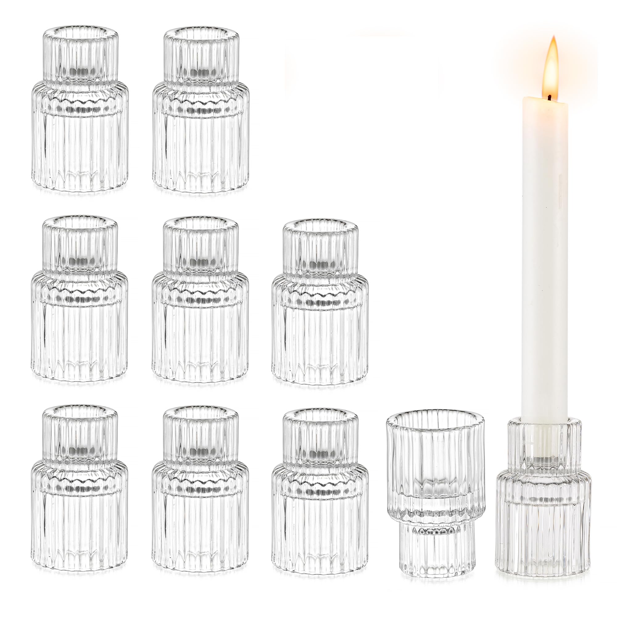 Glasseam Small Candlestick Holders, Clear Glass Candle Holder Set of 10, Ribbed Christmas Candle Holders for Living Room, Modern Candle Stick Holders Candleholders for Wedding Centrepiece Home Decor