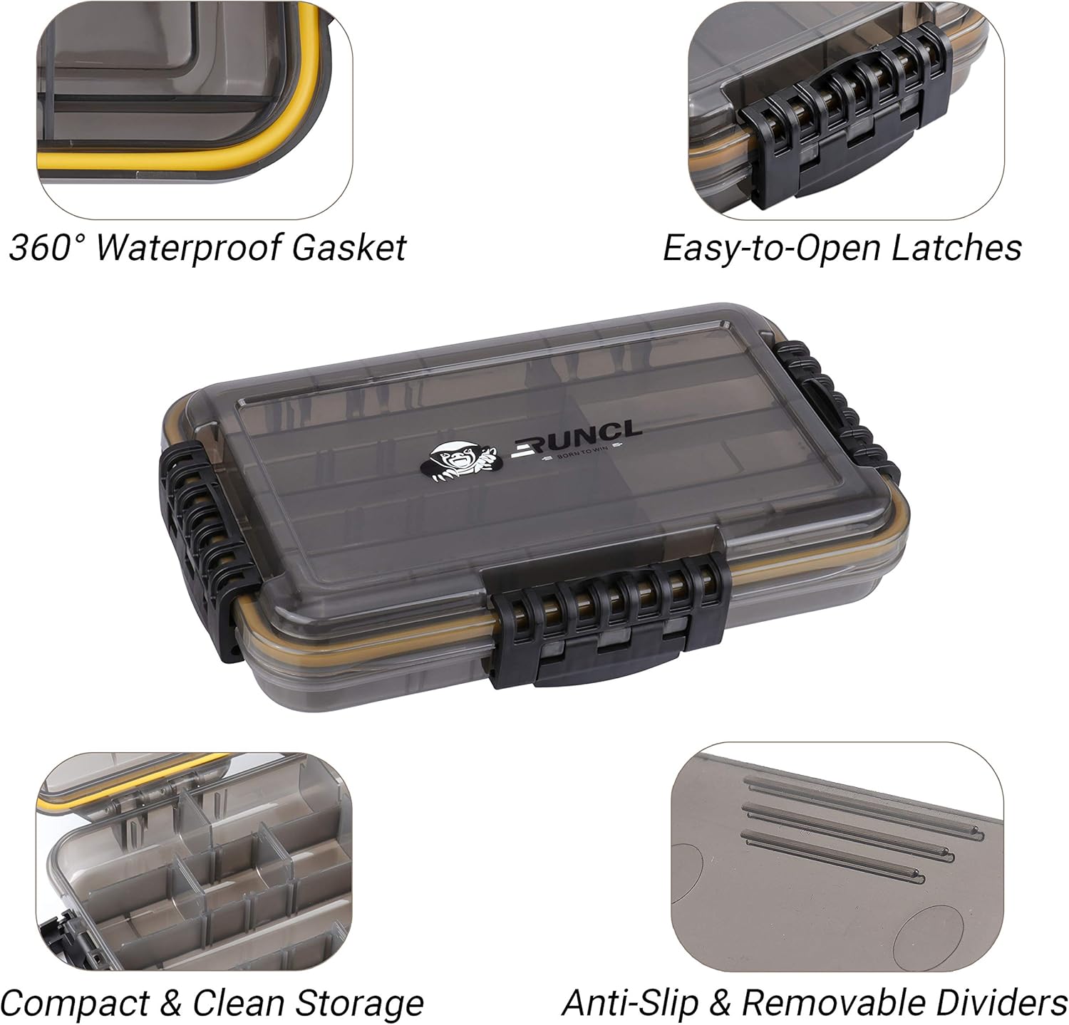 RUNCL Fishing Tackle Box, Waterproof Storage 10.65" L x 7.1" W x 1.89" H - Thicker Frame, 360° Waterproof Seal, Secure-Locking Latches, Sun Protection, Removable Dividers - Storage Organizer Box: Sports & Outdoors