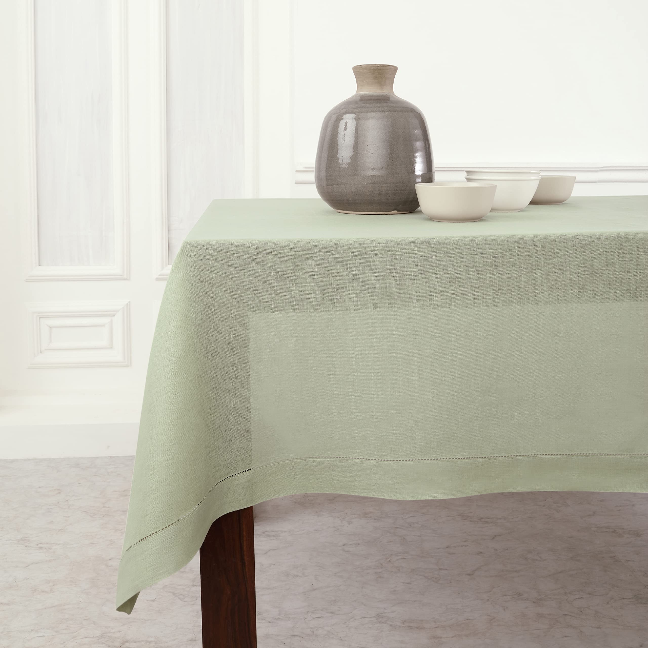 Solino Home Linen Tablecloth 60 x 108 Inch - Classic Hemstitch 100% Pure Linen Sage Green Table Cloth for Rectangle Tables - Machine Washable Tablecloth for Winter, New Year