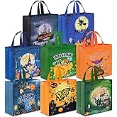 AhfuLife 8 Pcs Halloween Trick or Treat Bags, Candy Tote Bags with Handles, Reusable Non-Woven Gift Bag for Halloween Party Supplies Favors (7.8×7.8×3.1’’)