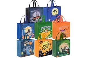 AhfuLife 8 Pcs Halloween Trick or Treat Bags, Halloween Candy Tote Bags with Handles, Reusable Halloween Non-Woven Gift Bags for Halloween Party Supplies Favors (7.8×7.8×3.1’’)