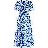 dowerme Womens Summer Dresses 2026 Casual Puff Short Sleeve V Neck Floral Boho Tiered Ruffle Maxi Dress with Pockets