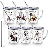 Didaey 6 Pcs Christmas Coffee Mugs Cups 11 oz Christmas Stainless Steel Tumbler Vacuum Insulated Coffee Cups with Handle Lid Straw Wine Mug for Winter Xmas Gift Holiday Party Supplies(Buffalo Plaid)