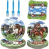 Horse Party Supplies - Horse Party Tableware - Dinner Plates, Dessert Plates, Napkins, Forks for Horse Racing Cowboy Western Boy Birthday Party Supplies Decorations, Serves 25