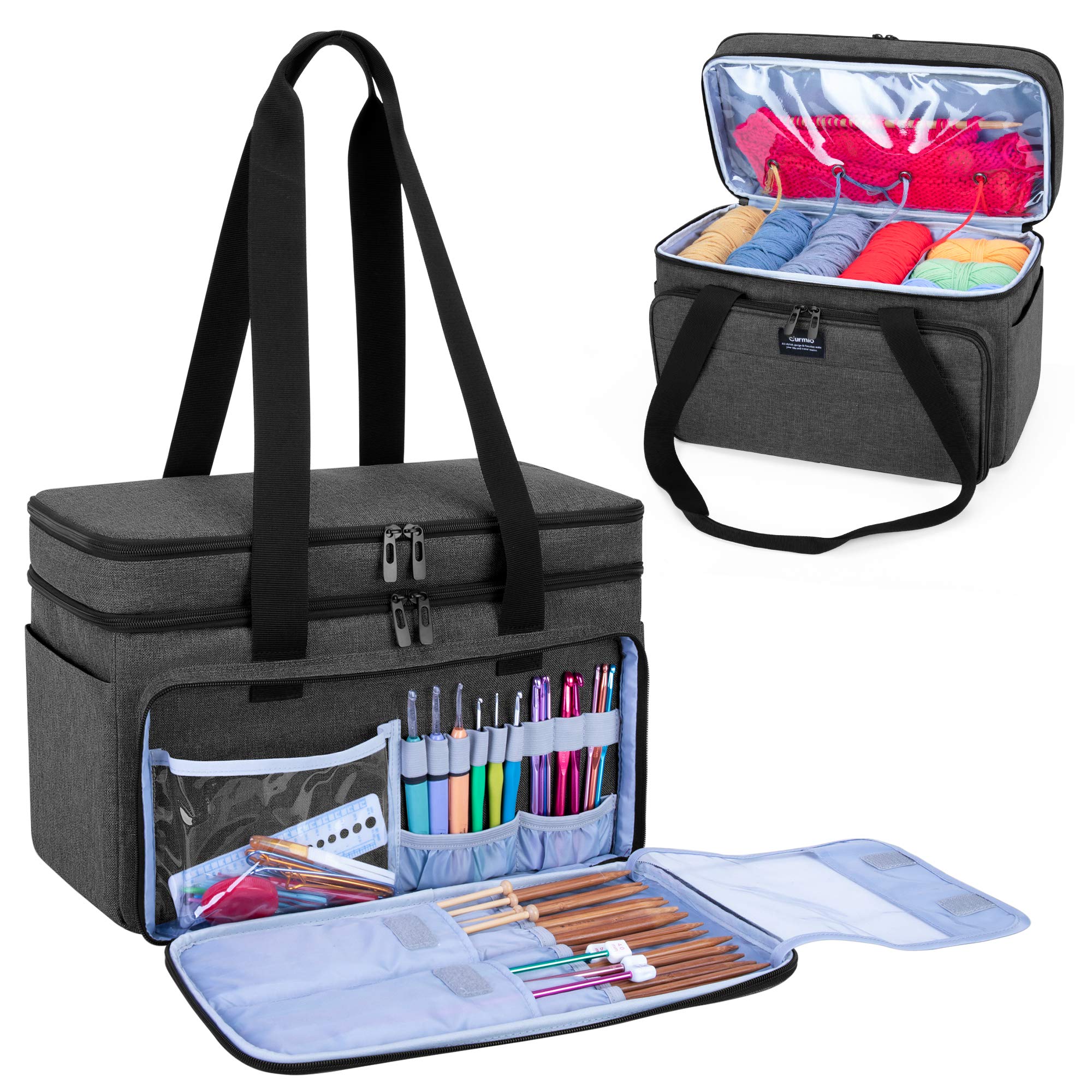 CURMIO Double-Layer Knitting Tote Bag, Yarn Storage Bag with Compartments for Crochet Hooks, Knitting Needles(Up to 14”/35.5cm), Knitting WIP or Accessories, Black(Bag Only)
