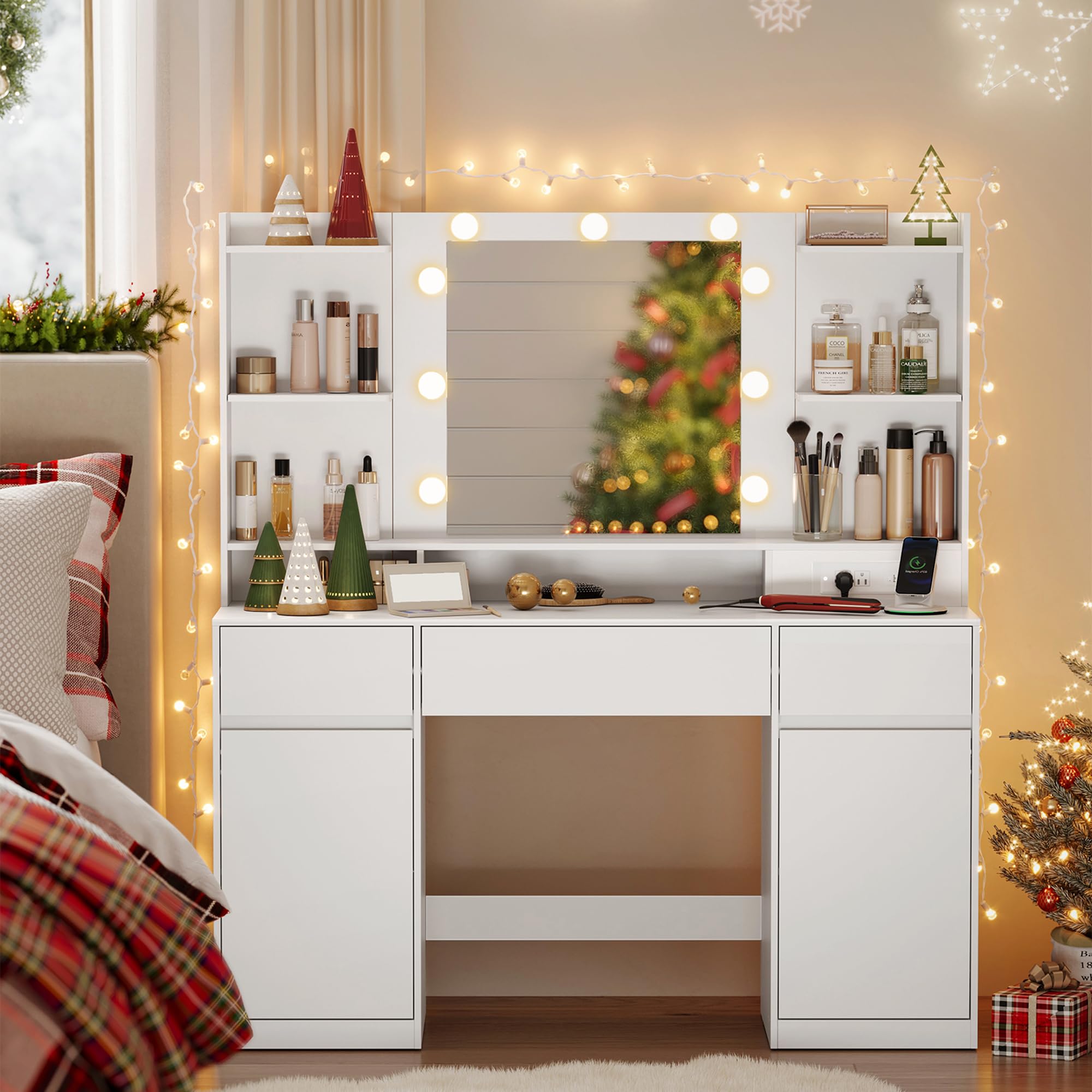 Photo 1 of *USED*
VASAGLE Kailyn Collection - Vanity Desk with Mirror and 9 LED Bulbs, Vanity Makeup Table with Power Outlets, Dressing Table with 2 Cabinets, for Bedroom, Cloud White URDT142WB01S