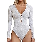 Curvphilo Women Deep V Neck Long Sleeve Bodysuit with Cutout Going Out Bodysuit Casual Stretchy Basic Bodysuit Tops