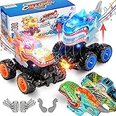 kkmon 2 Pack Exploding Monster Truck Toy with Interchangeable Dinosaur & Shark Bodies, Friction-Powered Light-Up Cars with Sounds, Birthday Gift for Boys Ages 4-7, Easter Basket Stuffer, Kids Car Toys