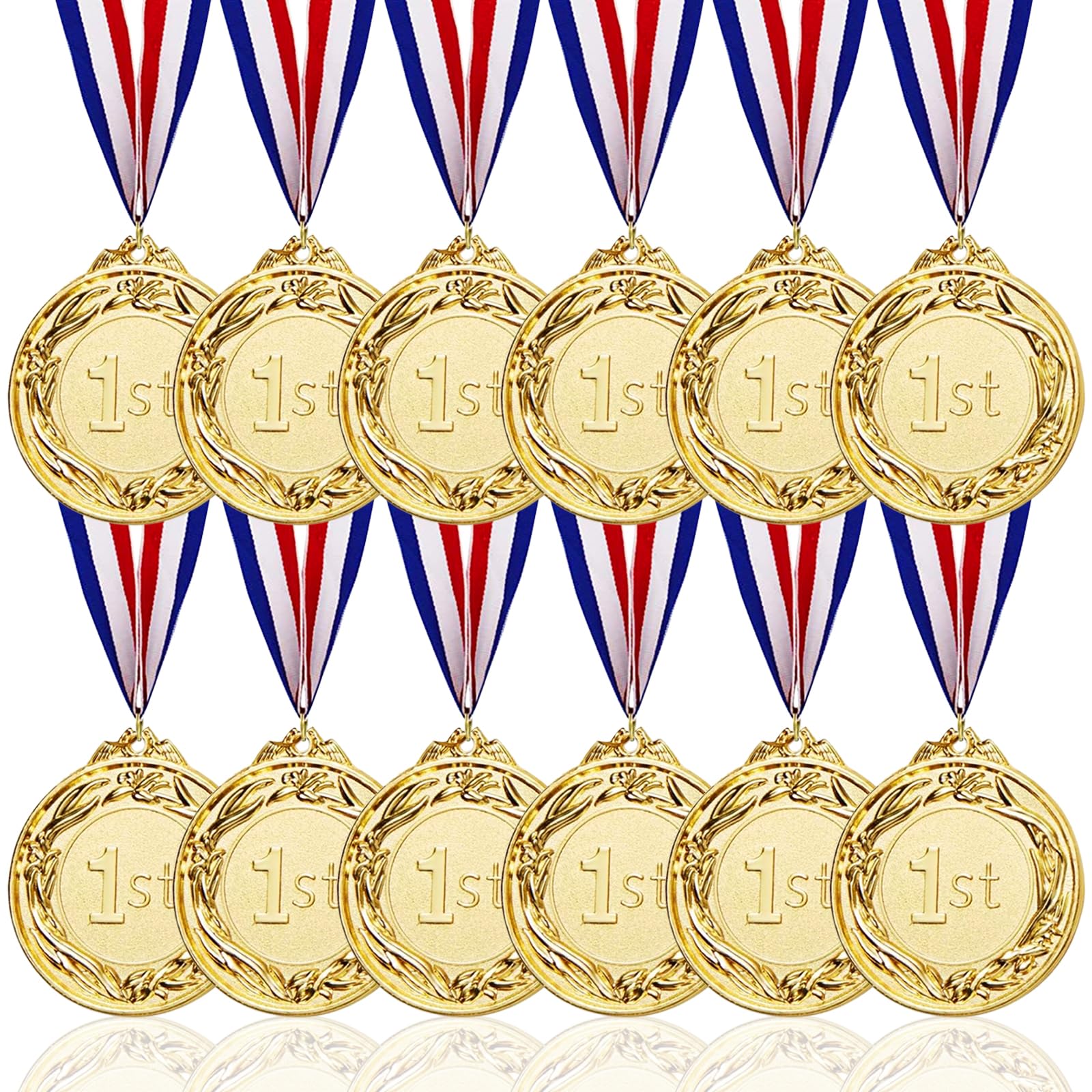 Omevett 12 Pcs Gold Medals for Children Sports Day Medals 2 inch Metal Medals for Kids Adults Winner Medal with Ribbon 1st Medals Award for Competition Party Gymnastic Medal