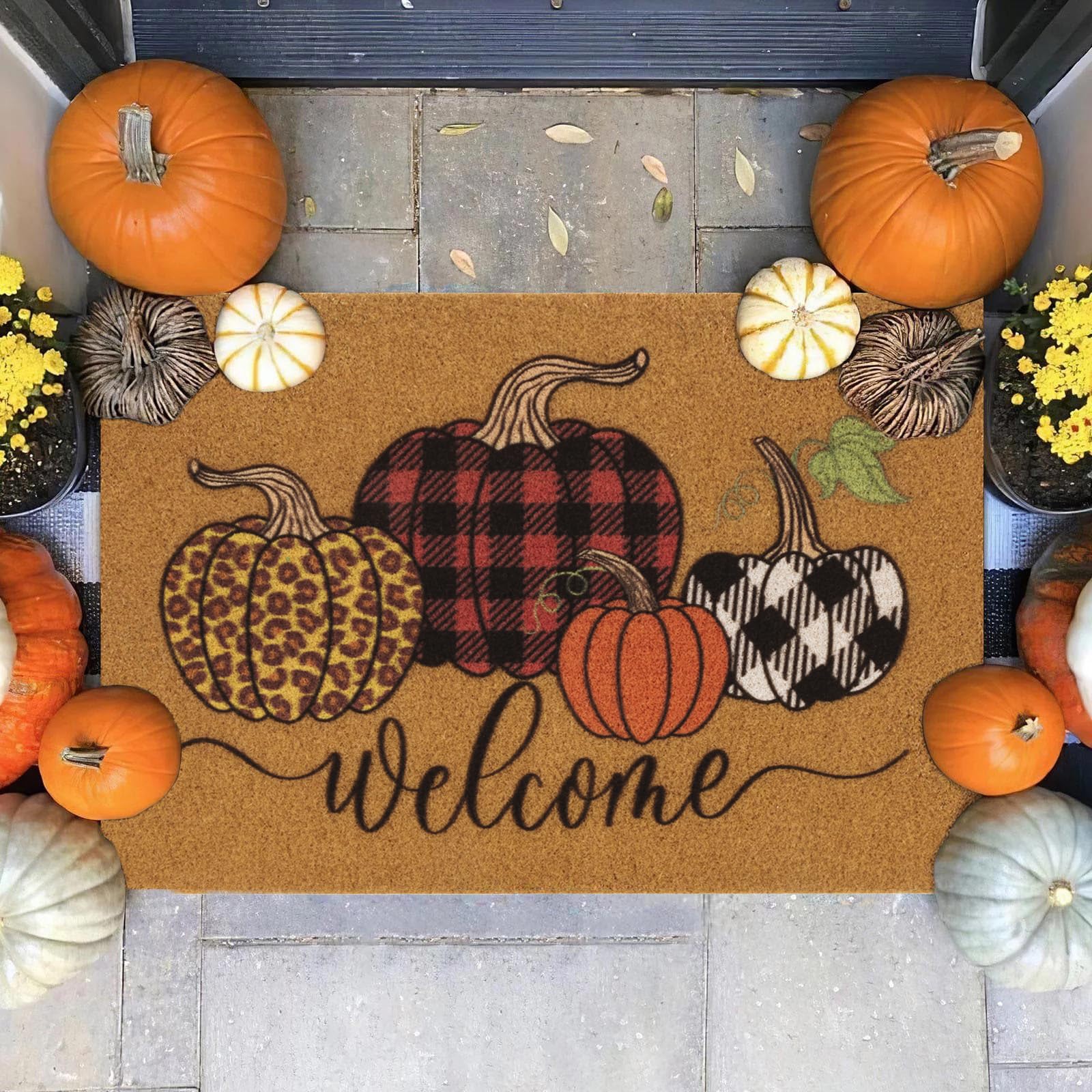 Photo 1 of CXQRR Hello Pumpkin Welcome Coir Door Mat - Halloween Pumpkin Outdoor Indoor Entrance Door Mat Non Slip Rubber Backing for Fall Holiday 17 * 30Inch