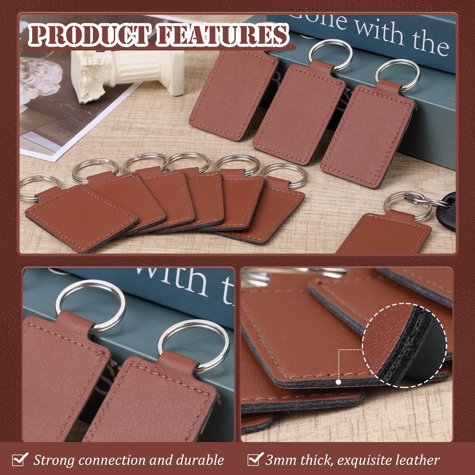 Rectangular Leather Key Fob Kit, 10 Pcs PU Leather Key Fobs with Rivets and Keychain Ring, Keychains Holder for Keychain Making Diy Craft Working