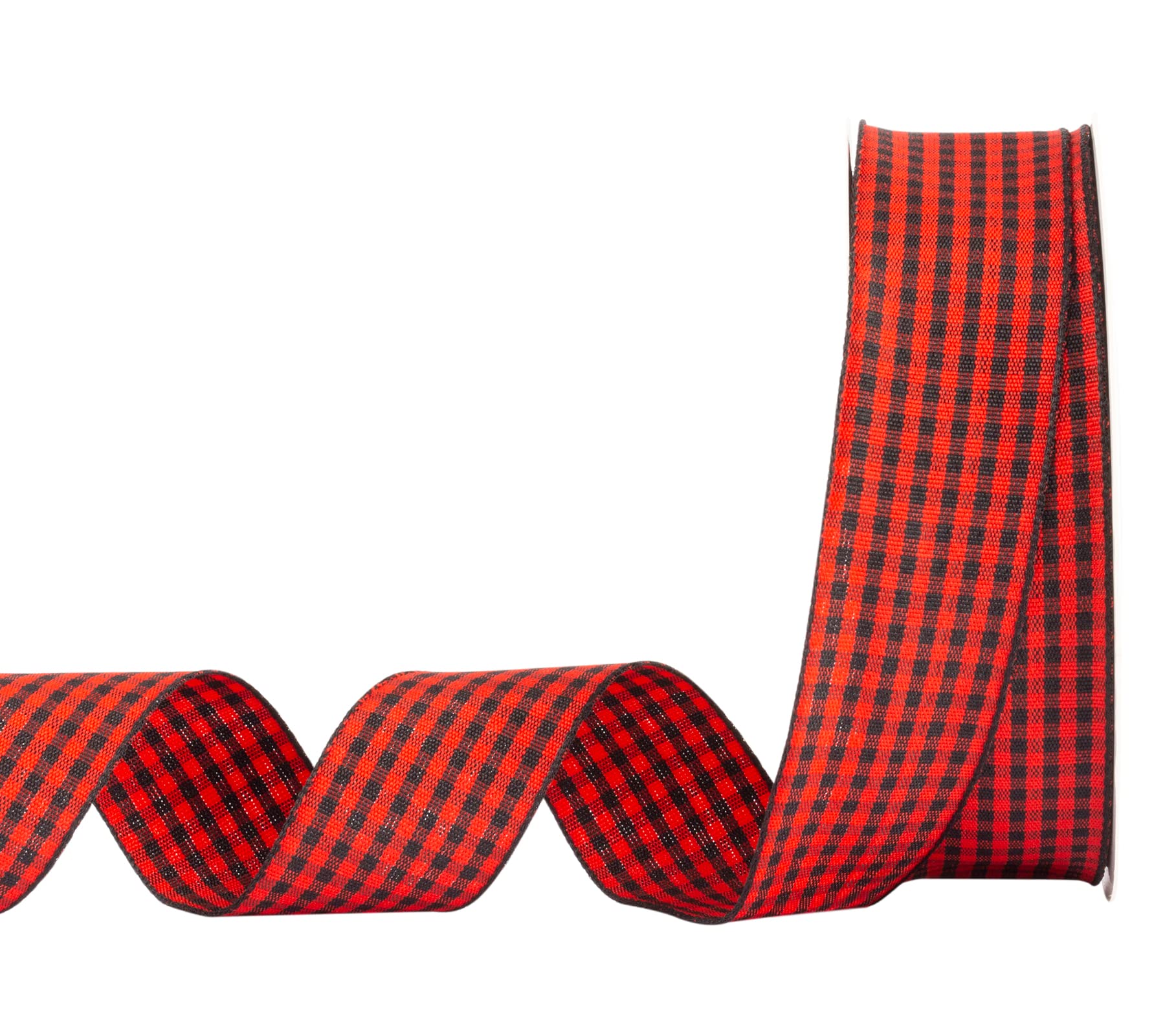 AVANAVA Gingham Plaid Ribbon 25mm - Polyester Check Woven for Crafts, Gifting and Wedding (22 Meters-Roll, Red Black)