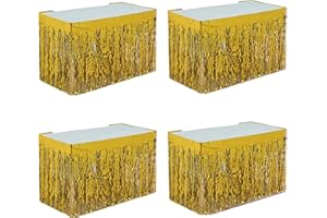 MZJU 4P Wavy Metallic Tinsel Foil Fringe Table Skirts for Rectangle Tables Backdrop Garland Curtains for Parade Floats Wedding Birthday Parties Decoration Graduation 2025 Christmas (Gold)