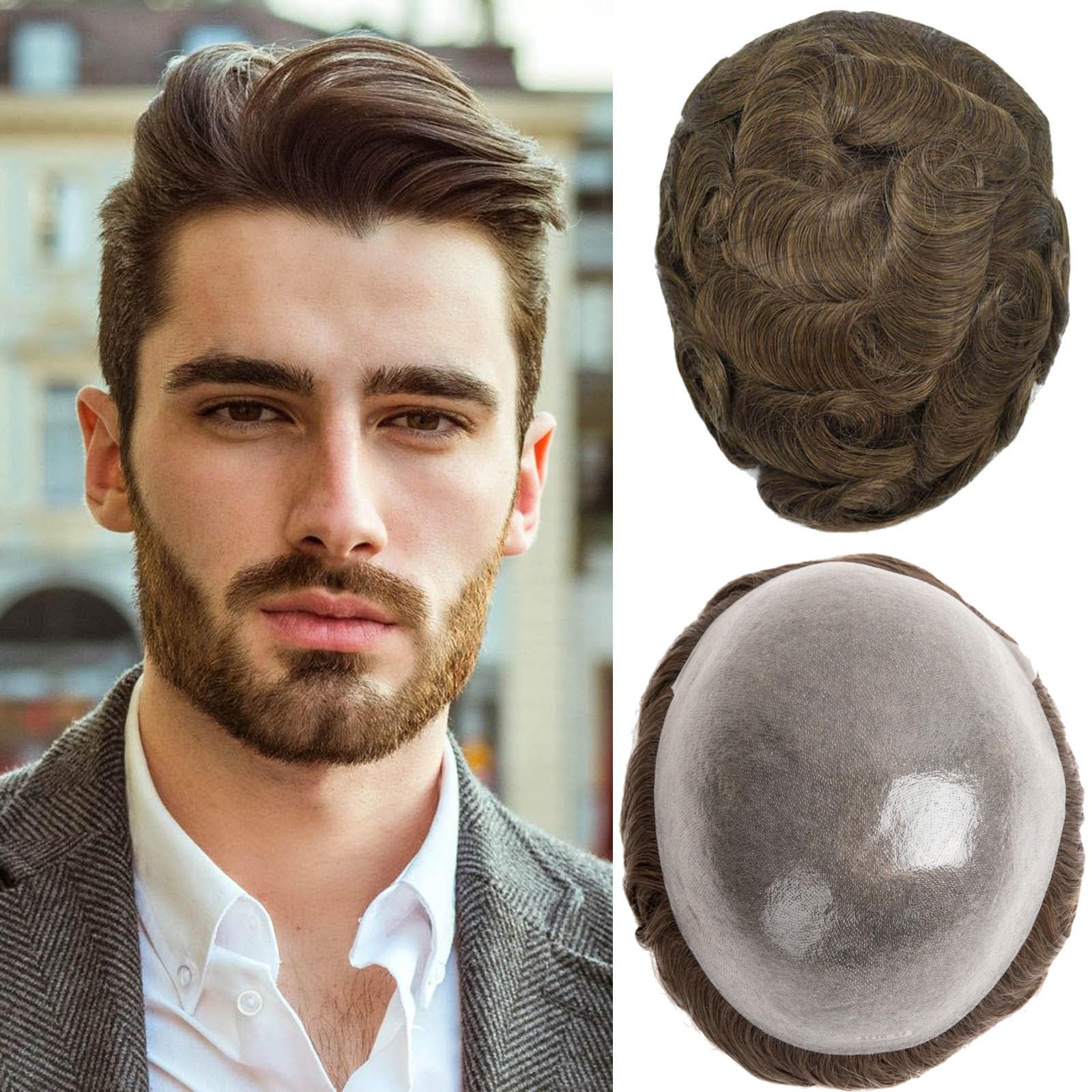 Ehairc Toupee for Men 0.04 Thin Skin Double Knots 100% Human Hair System for men wigs Men's Toupee Durable Men's Toupee Real Hair Base Size 8x10 Inch 120% Density#5