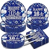 Kepeel 200Pcs 16th Birthday Party Tableware Set, Blue and Silver Happy 16th Birthday Party Decorations Supplies for Boys Girls 16 Years Old Party Dessert Plates Napkins Forks Favors, Serve 50