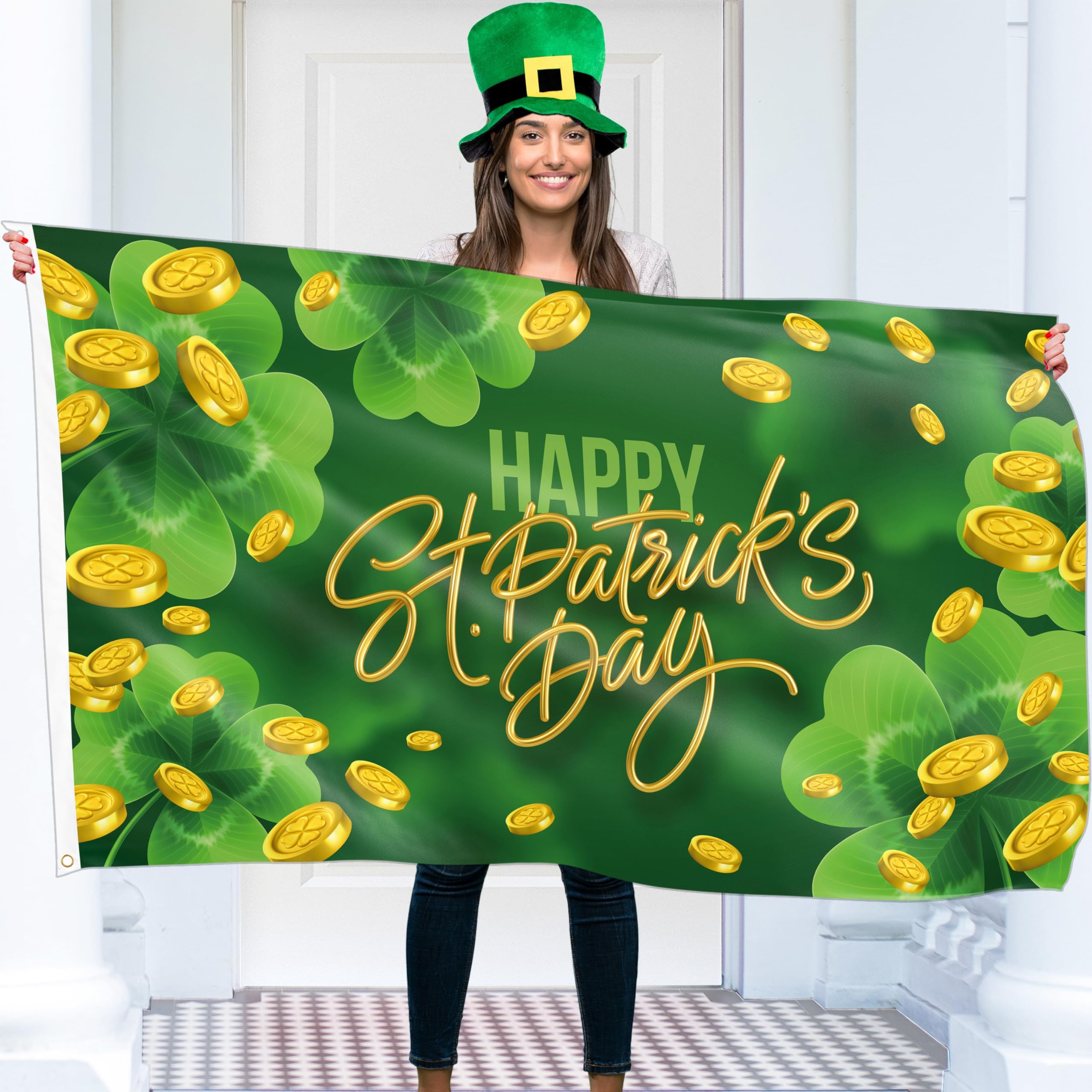 St Patricks Day Flag with Gold - St Patrick's Day Irish Ireland Decorations – Digital Print - 110Den Thick polyester - Double Seam - 2 brass eyelets, large 5ft x 3ft