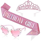 Tihebax Birthday Girl Sash and Crown & Glasses Set for Women Girls, Pink Birthday Tiara Crown and Sash for Women Glitter Happy Birth day Decorations Accessories Outfits Party Supplies