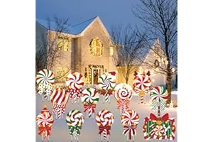 JOICEE 13pcs Christmas Outdoor Yard Signs Candy Decorations with LED Lights, Peppermint Lollipop Candy Signs with Stakes for Holiday Party Home Lawn Pathway Decorations Supplies
