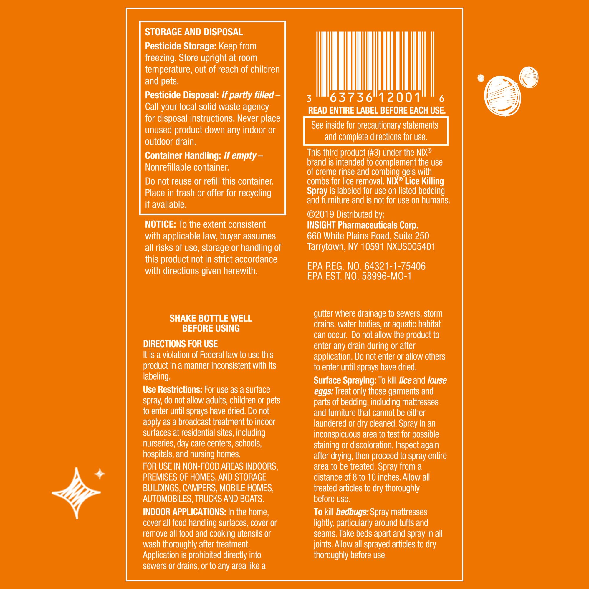 Nix Lice & Bed Bug Spray for Home Use, Kills Lice on Bedding & Furniture, Odor-Free & Non-Staining, 5 Fl Oz