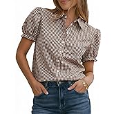LOMON Women's Cotton Linen Button Down Shirts V Neck Short Puff Sleeve Cute Top Collared Summer Work Blouses Dressy Casual