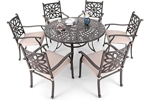 MFSTUDIO 7 PCS Cast Aluminum Retro Design Patio Dining Set with 6 Extra Wide Dining Chair and 1 54" Round Dining Table, Outdoor Furniture for 6, Brown