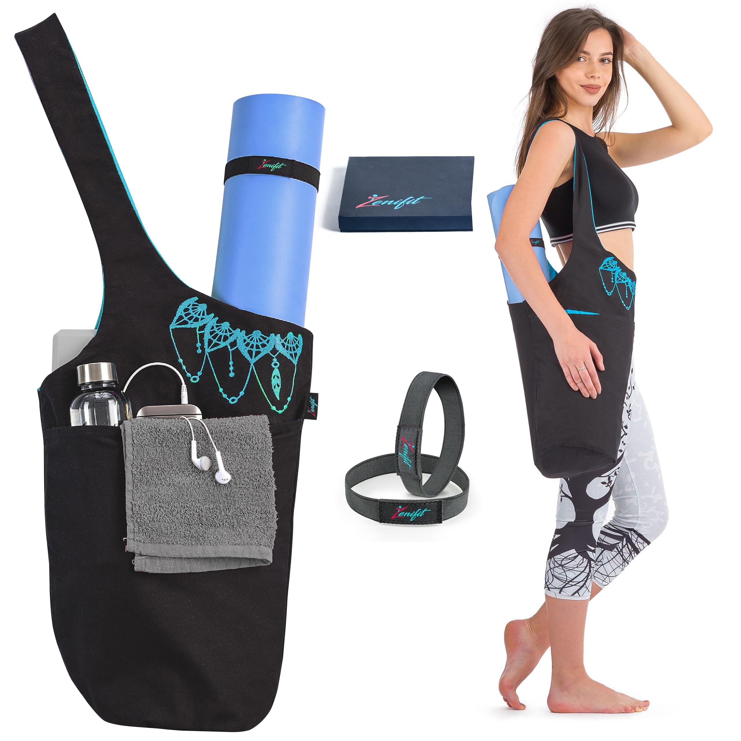 Zenifit Yoga Mat Bag - Long Tote with Pockets - Holds More Yoga Accessories. Cute Yoga Mat Holder with Bonus Yoga Mat Strap Elastics. Black and Azure Blue Yoga Mat Bags