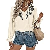 BTFBM Womens Tops Dressy Casual Fall 2025 Boho V Neck Ruffle Long Sleeve Shirts Floral Embroidered Work Business Blouses