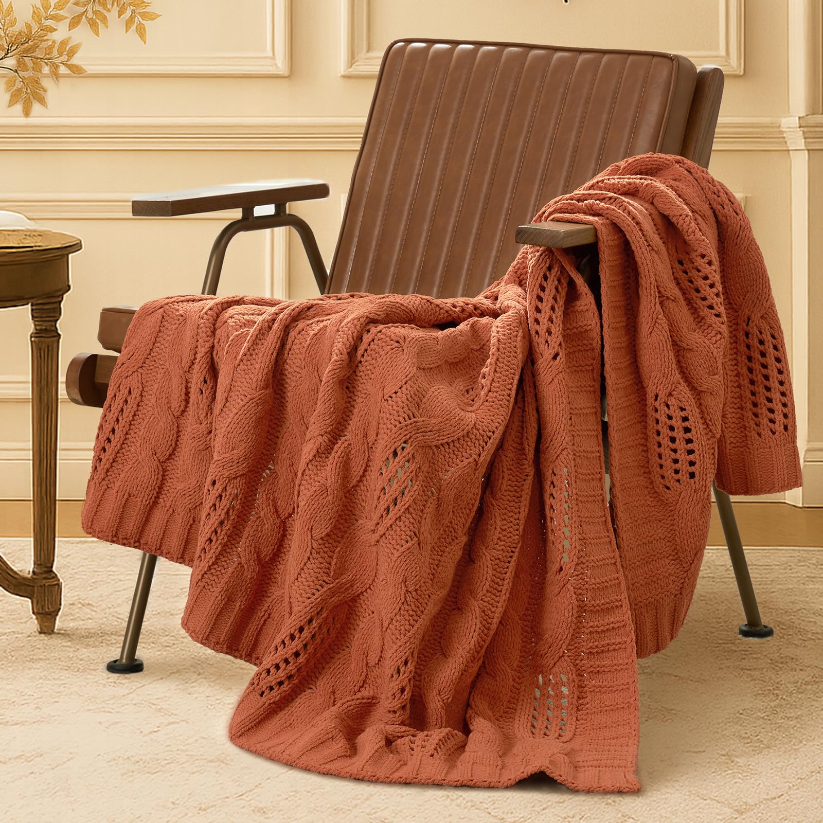 Photo 1 of Amelie Home Chunky Knit Throw Blanket, Dual-Sided Soft Chenille Breathable Cable Knitted Blanket for Couch, Farmhouse Decorative Throw for Sofa & Chair, 50"x60", Burnt Orange