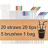 20 Pack Reusable Stainless Steel Metal Straws,10.5" & 8.5" Reusable Drinking Straws with 20 Silicone Tips 5 Straw Brushes 1 T