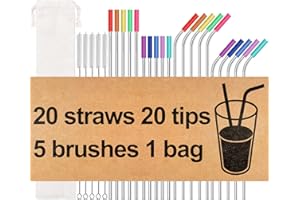 MUTNITT 20 Pack Reusable Stainless Steel Metal Straws,10.5" & 8.5" Reusable Drinking Straws with 20 Silicone Tips 5 Straw Brushes 1 Travel Case,Eco Friendly Extra Long Metal Straw Fit for 20 24 30 oz Tumbler
