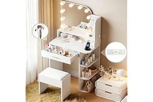 wanan Makeup Vanity with Chair, Small Vanity Desk with Mirror and Lights 3 Colors, Girls Vanity Set with Power Outlet, Compact Vanity Table for Small Space, White