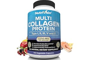 Nutrivein Multi Collagen Pills 2250mg - 180 Collagen Capsules - Type I, II, III, V, X - Anti-Aging, Healthy Joints, Hair, Skin, Bones, Nails, Hydrolyzed Protein Collagen Peptides for Woman and Men