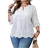 MakeMeChic Women's Plus Size Eyelet Blouse Embroidery 3/4 Sleeve Notch Neck Fall Casual Shirt