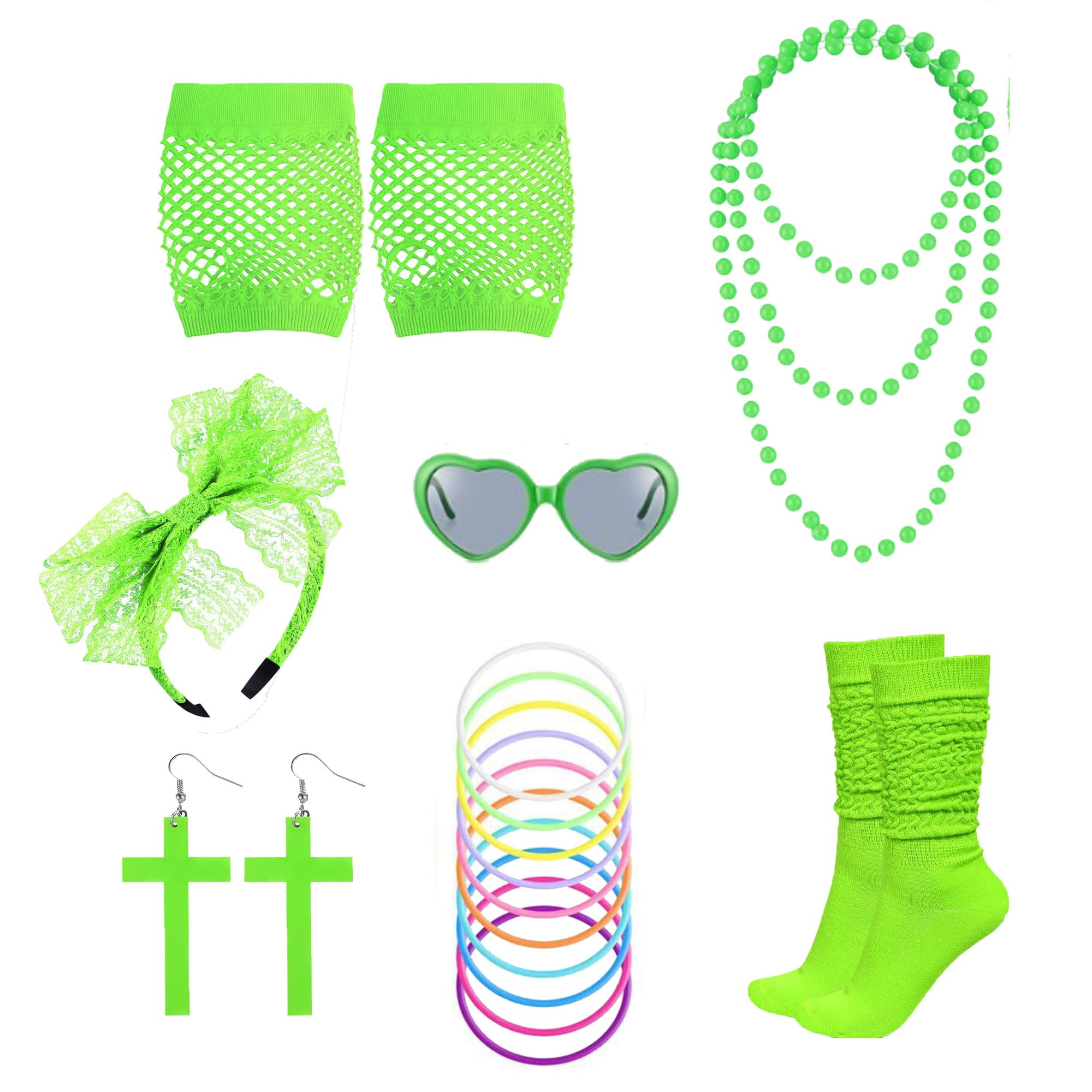 Hongleey 80s Costume Accessories Set for Women,7 Pcs 1980s Party Fancy Dress Kit with Lace Headband, Heart Glasses, Neon Gloves, Necklace & Bracele