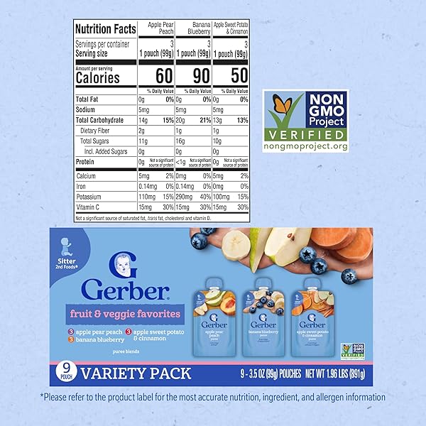 GERBER STAGE 2 BABY FOOD, FRUIT AND VEGGIE FAVORITES PUREE POUCHES VARIETY PACK, NO ADDED SWEETENER, BABY FOOD POUCHES, 9-PACK