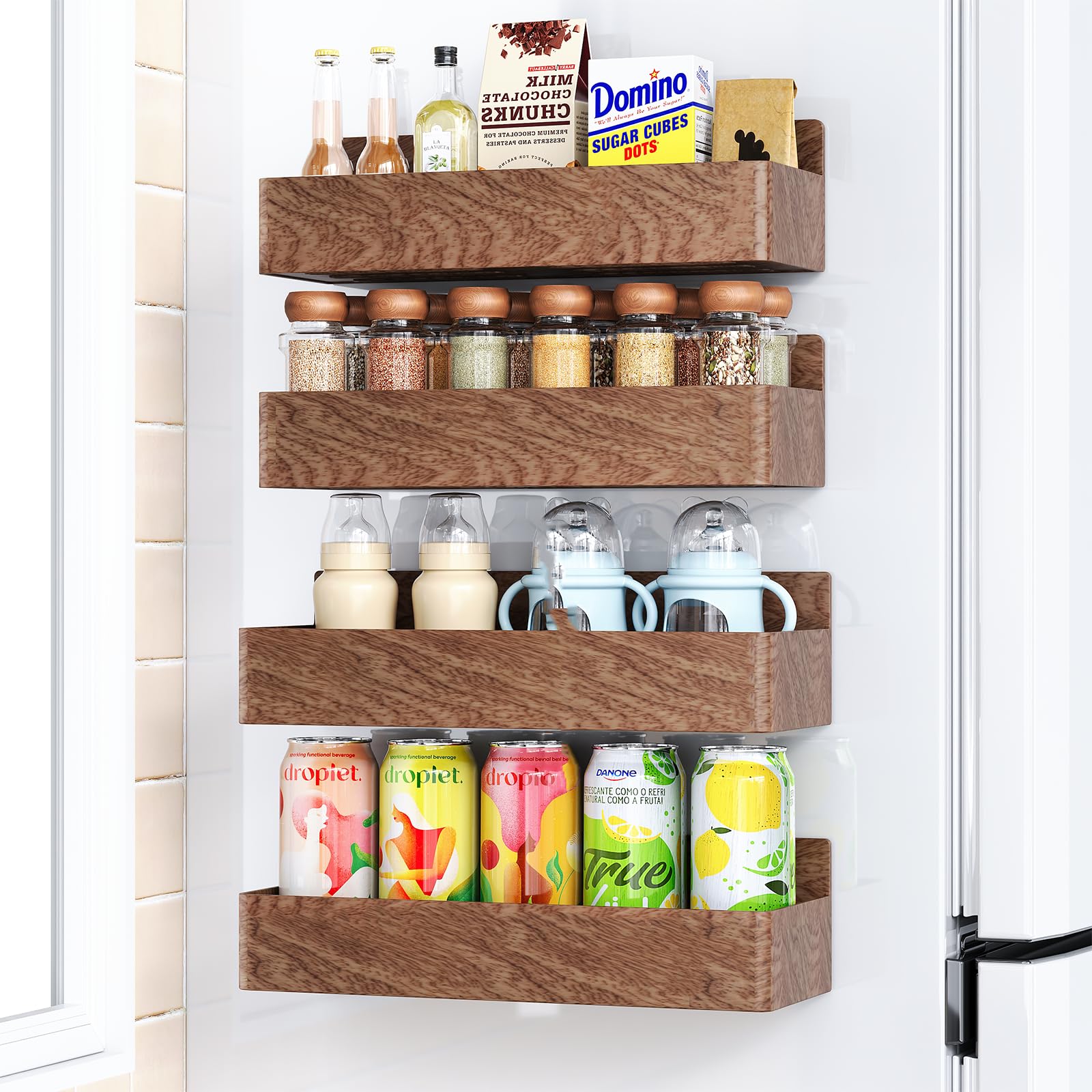 Mystozer Magnetic Spice Rack for Refrigerator, Kitchen Organizer and Storage Shelf, Wood Red (4 Pack)… Image