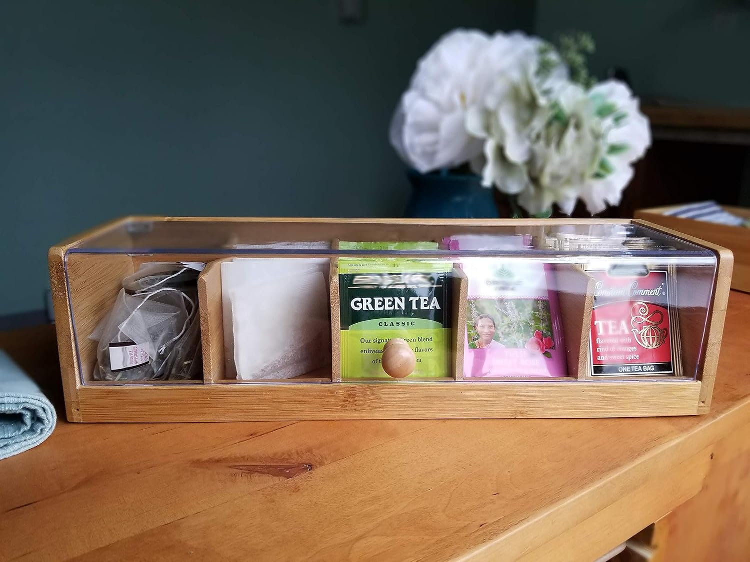 Lipper International 8187 Bamboo Wood and Acrylic Tea Box with 5 Sections, 14" x 5" x 3-3/4": Home & Kitchen