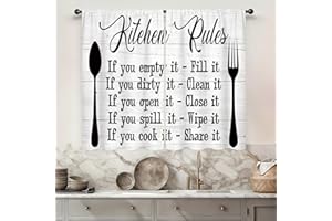 Famiffty Kitchen Rules Curtains 27.5W X 39L Inch 2 Panels Rod Pocket Rustic Farmhouse Funny Vintage Modern Small Short Cafe Curtains Wood Inspirational Window Drapes Treatment Bathroom Home Decor