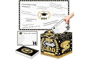 Class of 2024 Graduation Cards Box with 36PCS Graduation Advice Cards Giant Guest Book Signature Board Black Gold Class of 20