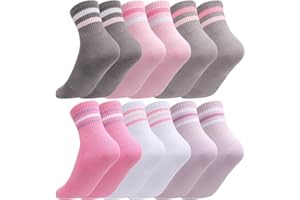 6 Pairs Kids Crew Socks with Stripes, Cotton Junior School Sports Socks, Soft Casual Stretchy Ankle Sock for Girls and Boys A