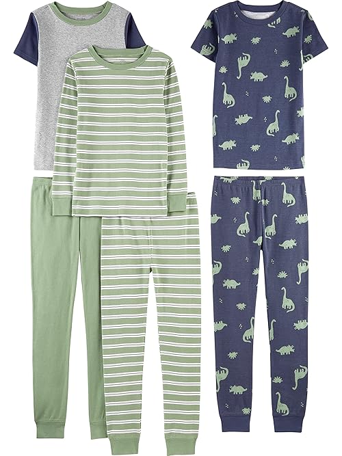 Simple Joys by Carter's Little Boys' 6-Piece Snug-Fit Cotton Pajamas, Olive Dinos, 4
