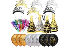 HOWAF 2025 New Years Eve Party Supplies, 43pcs Happy New Year Headband Tiara, New Year Party Hats Cone Hats, Party Blowers and Happy New Year Decorations Balloons for New Year Party Favors Accessories