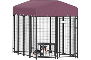 PawHut 8' x 4' x 6' Outdoor Dog Kennel, Welded Wire Dog Kennel Outside Run with 360° Rotating & 4 Level Adjustable Bowls, Waterproof & UV Resistant Cover, for S&M&L Breeds, Chickens, Ducks, Red